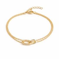 Pulseira com banho de ouro 18K corrente dupla com pingente elo liso e cravejado inspired