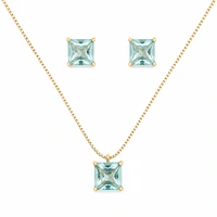 Conjunto dourado colar e brinco cristal quadrado água marinha