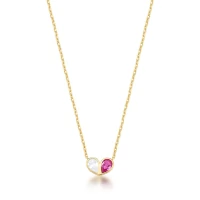 Colar dourado de elos retangulares e pingente de coração com cristal de gota branco e pink
