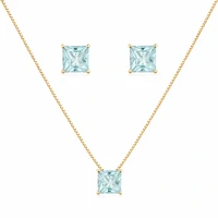Conjunto dourado colar e brinco cristal quadrado água marinha