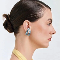 Brinco ear hook ródio branco maxi zirconias azul Serenety ovais luxo