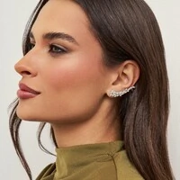 Brinco ear cuff ródio branco com cristais navete e redondos com piercing
