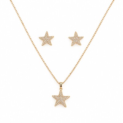 Foto Conjunto dourado colar e brinco estrela do mar cravejado de zircônia cristal