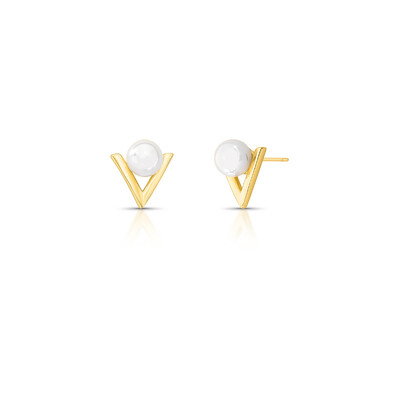 Foto Brinco dourado triangular, vazado, com pérola shell