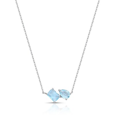 FotoColar com banho em ródio branco pingente retangular e gota água marinha