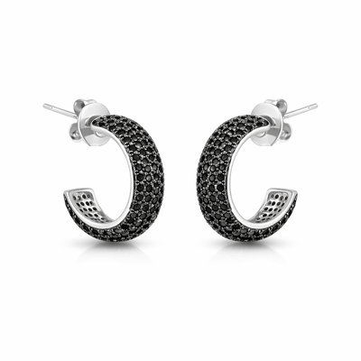 FotoBrinco meia argola ródio branco cravejada 7 fileiras de zircônia negra