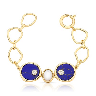 Foto Pulseira dourada fecho boia Lápis-lazúli e madrepérola