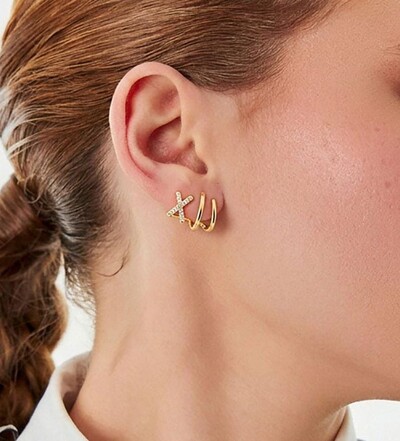 Foto Brinco ear cuff dourado 2 linhas lisas e X cravejado