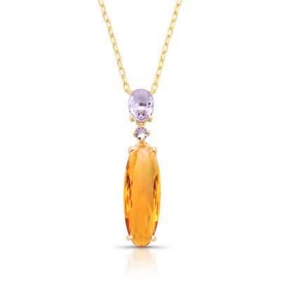 Foto Colar dourado pingente cristais ovais e redondo laranja e lavanda