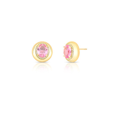 Foto Brinco dourado oval rosa 4 garra enterno crav e base lisa