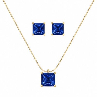 Foto Conjunto dourado colar e brinco cristal quadrado água marinha