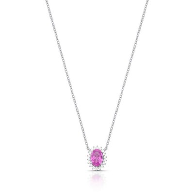 Foto Colar prata 925 pingente oval turmalina rosa cravejado de zircônia cristal entorno