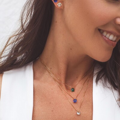 FotoConjunto dourado colar e brinco cristal quadrado água marinha