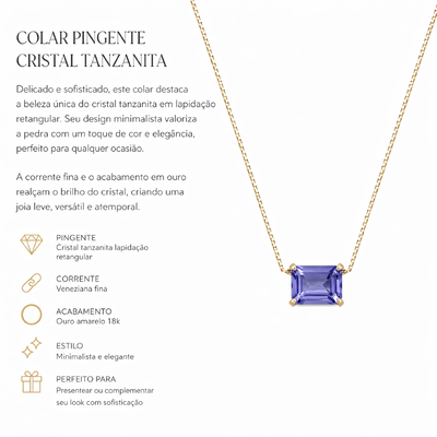 FotoColar dourado pingente cristal retangular tanzanita