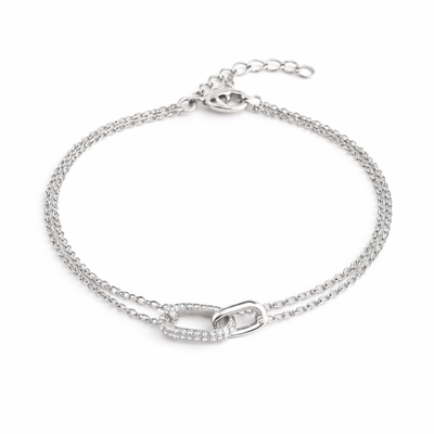 Foto Pulseira ródio branco corrente dupla com pingente elo liso e cravejado inspired