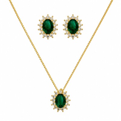 Foto Conjunto dourado oval esmeralda entorno cravejado