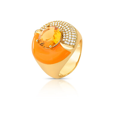 Foto Anel dourado redondo meio cravejado e meio esmaltado laranja com cristal laranja