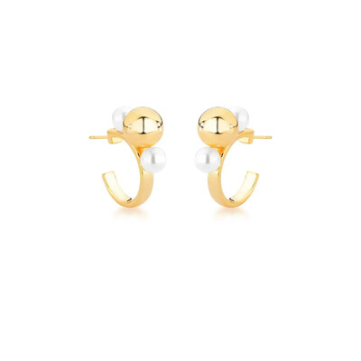 Foto Brinco meia argola dourada com pérola shell com esfera lisa