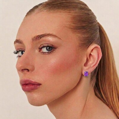 FotoBrinco ródio branco com cristal retangular ametista