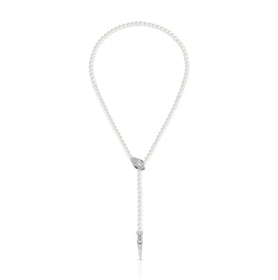 FotoColar em banho de ródio branco pérolas regulável com pingente snake cravejado