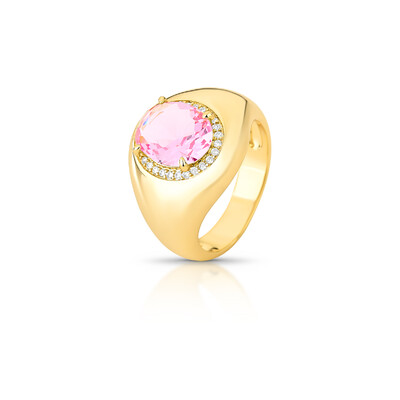 Foto Anel dourado oval rosa 4 garra enterno crav e base lisa