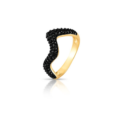 Foto Anel dourado triangular curvo com três fileiras zircônia negra