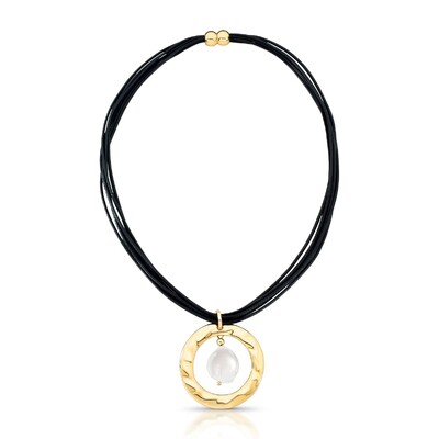 Foto Colar dourado fios de seda negro e pingente mandala e perola natural fecho imã