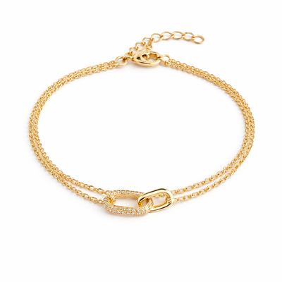 Foto Pulseira com banho de ouro 18K corrente dupla com pingente elo liso e cravejado inspired