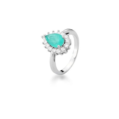 Foto Anel com banho de ródio branco gota esmeralda colombiana entorno cravejado