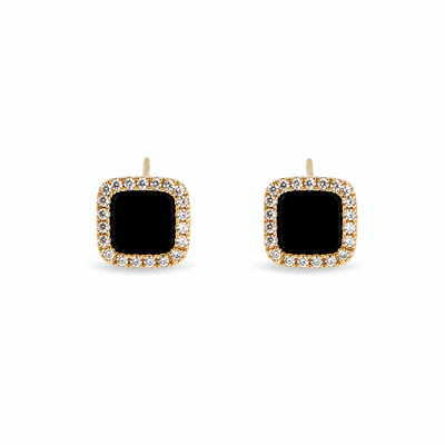 Foto Brinco dourado ponto com resina black e cravejado entorno quadrado