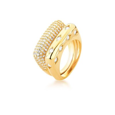 Foto Anel dourado base quadrada cravejado zircônia cristal