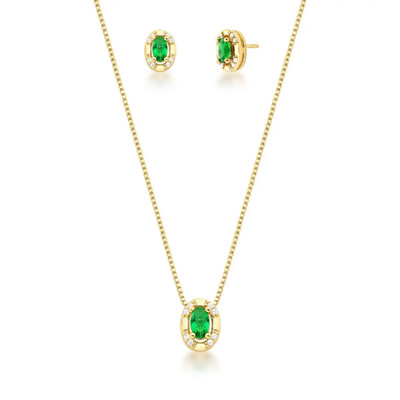 Foto Conjunto dourado pingente oval esmeralda e cravejado com zircônia cristal