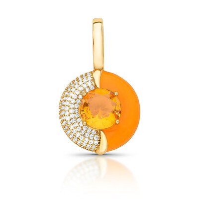 Foto Pingente dourado redondo meio cravejado e meio esmaltado laranja com cristal laranja