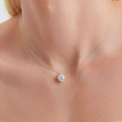 Foto Colar choker prata 925 em nylon com cristal Moissanite redondo 6mm, 0,5quilates.