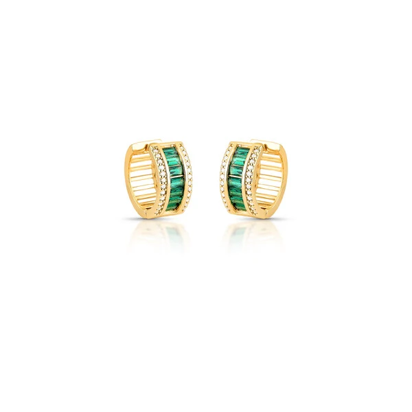 Brinco argola dourada zircônias esmeralda e zircônia cristal em linha