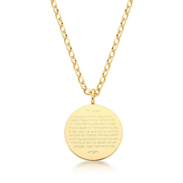 Colar dourado com pingente redondo e liso com oração do Pai Nosso