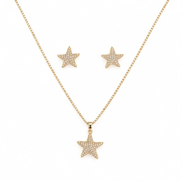 Conjunto dourado colar e brinco estrela do mar cravejado de zircônia cristal