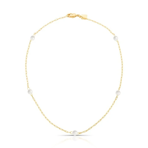 Colar choker dourado com pérolas intercaladas e elos retangulares