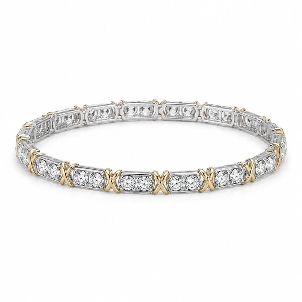 Pulseira bracelete ródio branco riviera com detalhe em x dourado