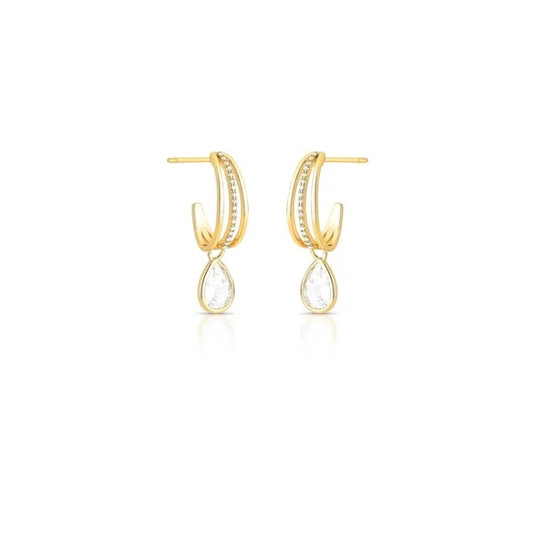 Brinco meia argola dourada 3 linhas com pingente cristal gota