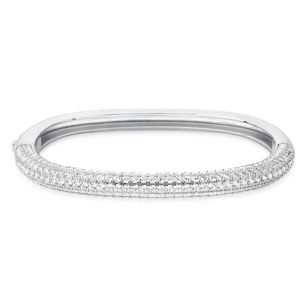 Bracelete ródio branco abaulado cravejado com zircônia cristal fecho click