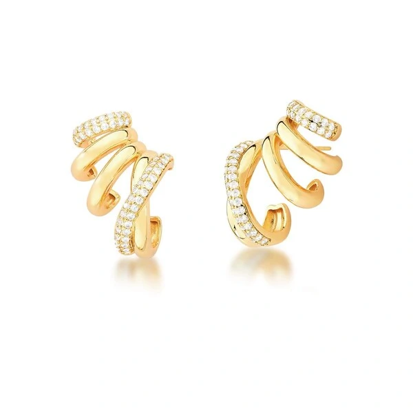 Brinco ear cuff dourado 5 Voltas Lisas e Cravejadas entrelaçadas