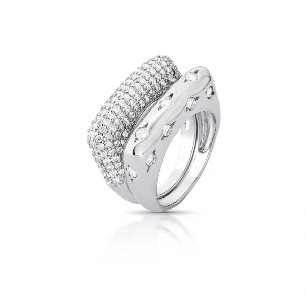 Anel ródio branco base quadrada cravejado zircônia cristal