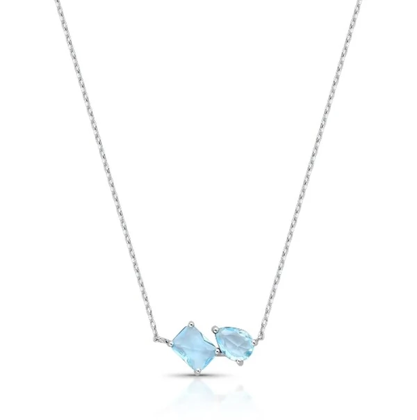 Colar com banho em ródio branco pingente retangular e gota água marinha