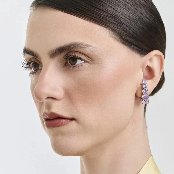 Brinco ear hook ródio branco maxi zirconias lavanda ovais luxo