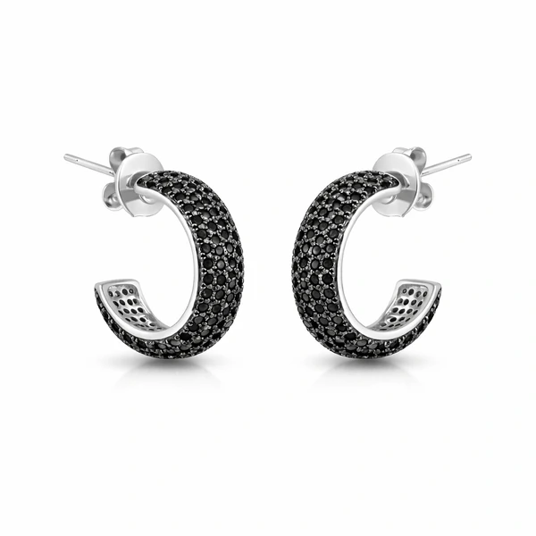 Brinco meia argola ródio branco cravejada 7 fileiras de zircônia negra