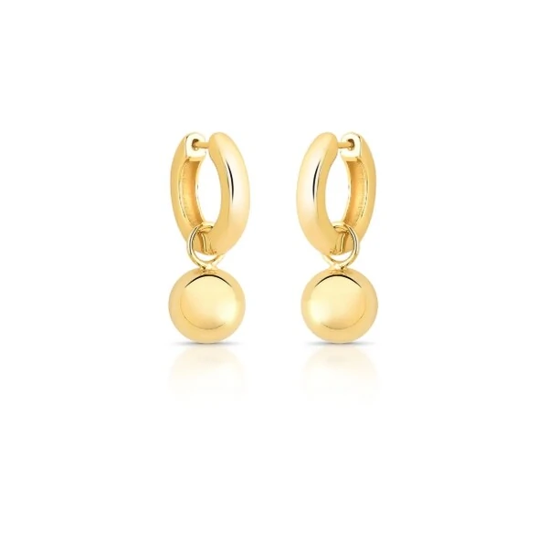 Brinco argola dourada tubo com pingente esfera lisa 2em1