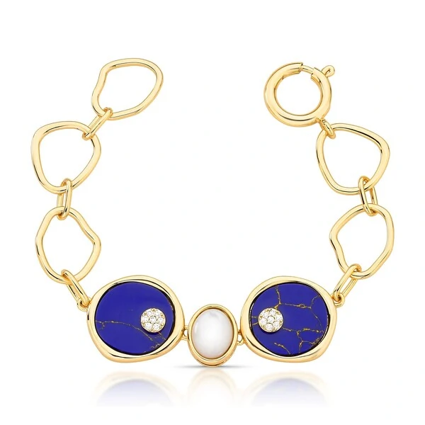 Pulseira dourada fecho boia Lápis-lazúli e madrepérola