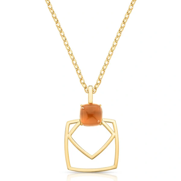 Colar dourado elos ovais com pingente losango vazado e cristal Marrom