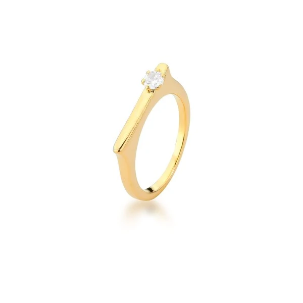 Anel dourado minimalista base reta com 1 zircônia cristal 4 garras